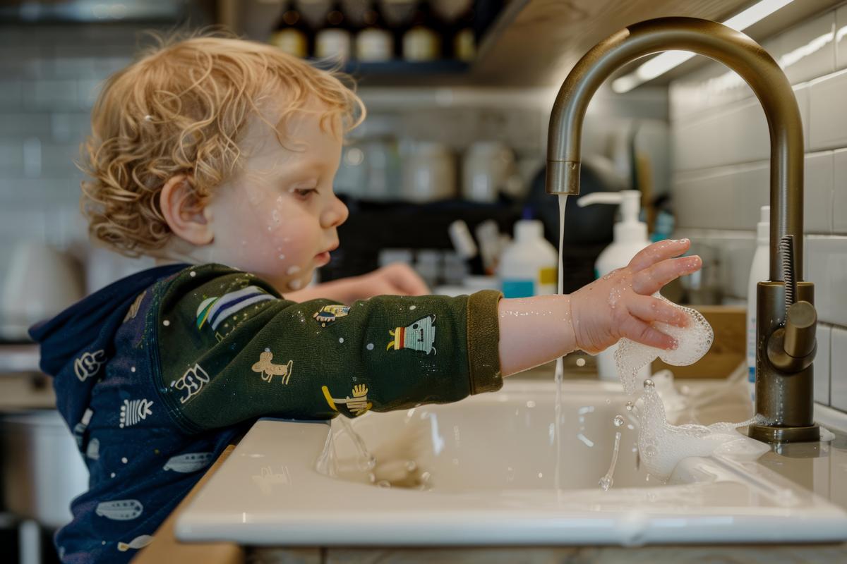 Child playing with water at the kitchen tap