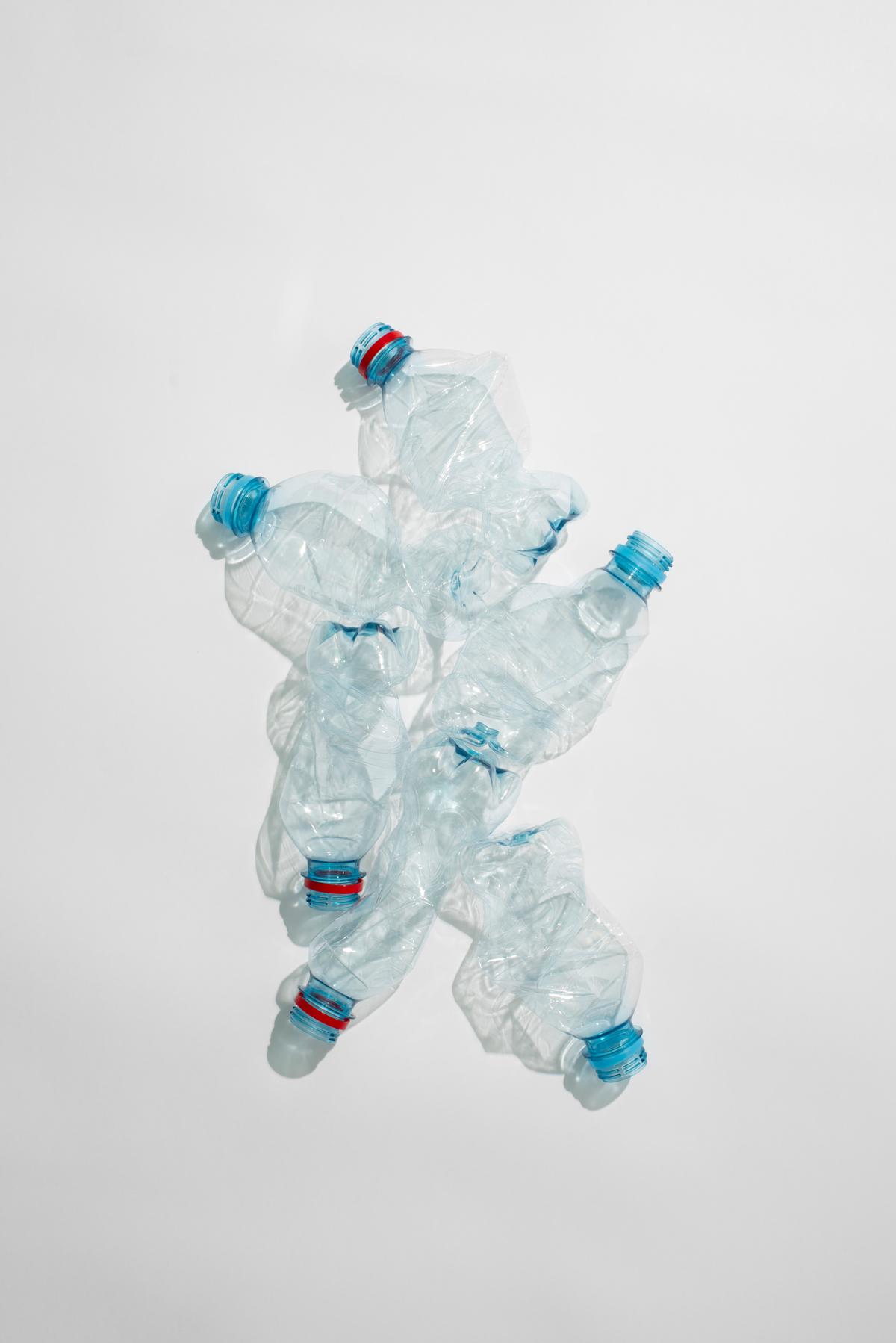 Crushed plastic water bottles from above