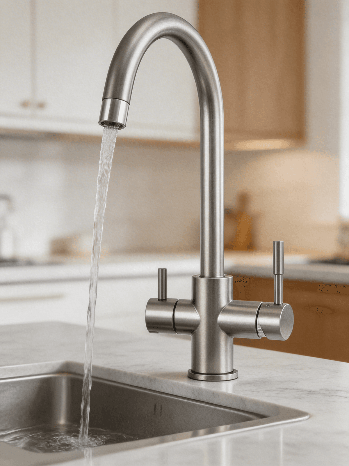 3-way mixer tap showing hot, cold, and pure water outputs